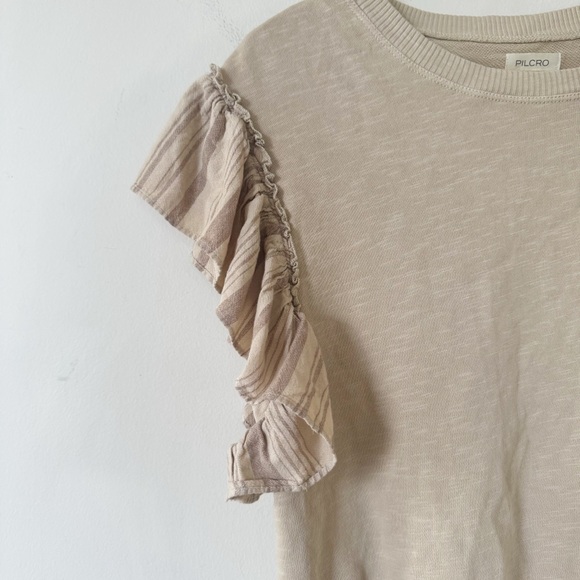 NWOT Anthropologie Pilcro Beige Tan Chambray Flutter Ruffle Sleeve Sweatshirt XS - Picture 4 of 10